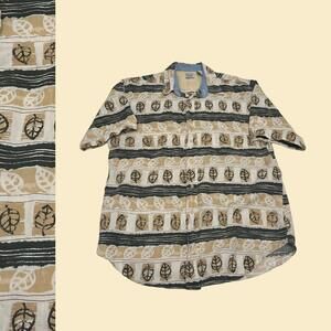 Vintage 90s L Bugle Boy men's shirt, striped mens short sleeve beige button down